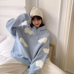 Korea dressipluus Naiste talvepilved Pullover Naiste pluss sametist soojad pikkade varrukatega topid vabaaja kapuutsid Kawaii S sinine