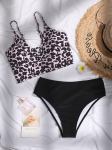 Naiste ujumistrikoo leopardimustriline v&auml;rviplokk k&otilde;rge v&ouml;&ouml;kohaga seljata seksikad bikiinid, rannariided, ujumisriided S must