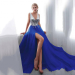 Roosad tikitud helmed Seksikas naiste mood Deep V pikk kleit Elegantne &otilde;htukleit j&auml;rjekorda XXL sinine