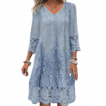 Naiste suvekleit V kaelusega &otilde;&otilde;nsate pitsidega n&ouml;&ouml;bid, kolmveerandvarrukad, tikandid, soliidsed 2XL sinine