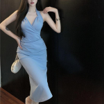 Pure Desire Seksikas rippuv kaelarihmaga kleit naiste suvekleit Prantsuse tippklassi elegants ja temperament pikk v&ouml;&ouml;koht l&otilde;hestatud puusa seelik XL must