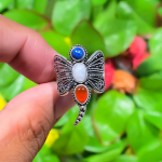 Natural Rainbow Moonstone, Carnelian Gemstone 925 Sterling Silver Ring S.11 t0m99