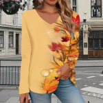 Autumn Leaves Print Naiste Ts&auml;rgid Naiste Topid Pikkade varrukatega V-kaelusega Pullover Femme T-s&auml;rgid Naiste T-s&auml;rk 3XL oranž