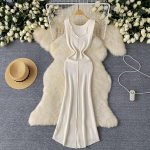 Foamlina puhast v&auml;rvi kudumiskleit naistele Elegantne V-kaelusega varrukateta suvemoodne &otilde;huke &otilde;&otilde;nsaks peetav pikk kleit One Size aprikoosi