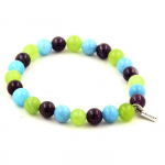 Pierres et Min&eacute;raux. Bracelet Perles Am&eacute;thyste + Calc&eacute;doine bleu + P&eacute;ridot 8 mm. Fabriqu&eacute; en France.