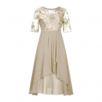 Naiste lillelise pitsiga midi kleit suvine &uuml;mara kaelusega &scaron;ifoonist A-l&otilde;ikeline kleit kokteilipidudeks, &otilde;htuseks &uuml;rituseks, pikk kleit pulmak&uuml;lalisele, pruutneitsile, peole XXL kuldne