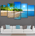 Seinakunst Dekoor Elutoa raamistik 5 t&uuml;kki Merivesi Palmipuud P&auml;ikesepaiste Meremaastik Modulaarsed Maalid L&otilde;uendipildid HD-tr&uuml;kised 40x60cm*2 40x80cm*2 40x100cm*1