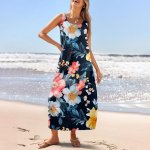 Naiste vabaaja pikk suvekleit, rannakleit, &uuml;mara kaelusega, varrukateta, lahtine suvekleit M roheline