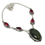 Natural Banded Green Opal, Garnet 925 Sterling Silver Jewelry Necklace 18 v9m76