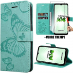 Coque - BOOLING&reg; - Samsung Galaxy A14 - Protection Flip - Motif papillon - vert et 2 Verres