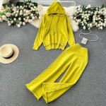 S&uuml;gistalvise naiste Twist silmkoeline kampsun dressid Moodne kapuutsiga pullover tops ja laia s&auml;&auml;rega p&uuml;ksid, kaheosaline komplekt One Size kollane