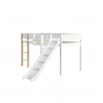 Lit mezzanine avec &eacute;tag&egrave;res de rangement amovibles, pin + MDF, blanc + finition bois naturel, 90 x 200 cm
