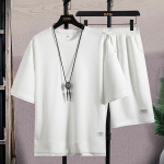 Meeste Vahvli 2-osaline komplekt Suvine dressipluus Jogging T-s&auml;rk+l&uuml;hikesed p&uuml;ksid, Meeste Harajuku Patchwork Pusa komplekt L valge