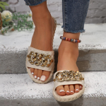 Kristall Kuldne Metallkett Lamedad Sandaalid Naistele 2026 Suvine Mood Slip-On Platvorm PU Nahast Sussid Naine Kerge Kaaluga Slides 38-39 beež