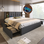 Kahekohaline voodi juhtmevaba laadimisega USB C ja 4 sahtliga, polsterdatud voodiraam 160x200cm, puidust lippraam - Hall lina (ilma madratsita) 213 x 165 x 103 cm hall