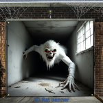 2D lame b&auml;nner 1 tk Halloween Happy Garaažiukse b&auml;nner valge pika juustega koletis punased silmad ja teravad hambad 98&times;71inch/250*180cm
