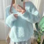 Imiteeritud naaritsa kampsun naiste s&uuml;gis-talv uus soe avar V-kaelusega soliidne pikkade varrukatega sviiter naiste top One Size taevasinine v&auml;rv