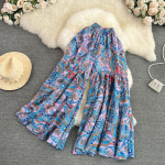 Suvised Bohemian Vacation Rannap&uuml;ksid Elegantsed k&otilde;rge elastse v&ouml;&ouml;kohaga laia s&auml;&auml;rega tr&uuml;kitud p&uuml;ksid vabaaja flare Fladas uus mood One Size sinine