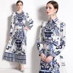 Moodsad uued kevads&uuml;gised br&auml;ndidisaineri kleidid naistele Elegantne vintage tr&uuml;kitud r&uuml;&uuml; pikk maxi peokleit M sinine