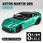 1/24 Scale Aston DBS metallist survevalu sulamist autode mudel, muusikavalgustusega m&auml;nguauto poistele, lastele, lastele kingitus, m&auml;nguasjad, s&otilde;idukite hobide kollektsioon 1/24-20x9x5.5cm roheline