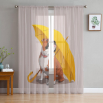 Kollane vihmavarju-bulldog t&uuml;ll-aknakardinad magamistoa siseelutuppa Voile dekoratiivsed l&auml;bipaistvad kardinad kardinad 135W x 114H(cm)