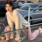 Naiste kampsunid s&uuml;gis-talvised soliidsed v kaelusega pikkade varrukatega luksusliku disainiga avara kootud sviiter kampsun naiste topp One Size roheline