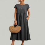 Kevadsuvi suures suuruses naiste pikad puuvillased linased kleidid Soliidne vabaaja kaelusega l&uuml;hikeste varrukatega kleit S tumehall v&auml;rv