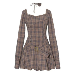 Moodne ruudukujuline naiste ruuduline minikleit Elegantne pikkade varrukatega A-kujulised kleidid Uus kevadine kaldkaelusega l&uuml;hike kleit S pruun