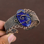 Natural Lapis Lazuli Gemstone Handmade Copper Wire Wrap Bangle Adjustable y5n72