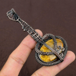 Natural Fossil Coral Gemstone Handmade Copper Wire Wrap Guitar Pendant 3.1 f2e19