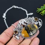 Natural Wood Jasper, Citrine Gemstone 925 Sterling Silver Necklace 18 q6f18