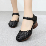 Suvised sandaalid Naiste tikitud k&otilde;rge kontsaga nahast kingad V&auml;ljal&otilde;igatud retro paksu kontsaga sandaalid 35 must