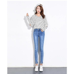 Salendavad ja meelitavad k&otilde;rge v&ouml;&ouml;kohaga teksap&uuml;ksid naistele - slim-fit pliiatsp&uuml;ksid L helesinine v&auml;rv