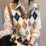 Kootud vest naistele s&uuml;gis koos Design Sense Camisole'i ​​ja teemantmustrilise kampsuni avara vestiga S khaki