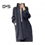 Naiste kampsun, mantel, rev, pikkade varrukatega, ees lahtise kudumisega kardigan suurte taskutega, &uuml;hev&auml;rviline, vabalt liibuv, keskmise pikkusega &uuml;ler&otilde;ivas hall