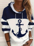 Mugav Anchor Print Casual kapuutsiga pusa naistele, 2024. aasta kollektsioon, pikkade varrukatega Medium valge