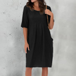 Naiste vabaaja vaba kaelaga l&uuml;hikeste varrukatega taskutega Elegantsed linased kleidid M must