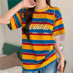 2025 suvine l&uuml;hikeste varrukatega lihtne T-s&auml;rk naistele vintage vikerkaare triibuline vabaaja lahtine kirjaga t-s&auml;rk harajuku Kawaii tudengi t-s&auml;rk y2k topid M kollane