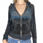 Y2K esteetilised vintage &otilde;hukesed dressipluusid tikandid graafilise mustriga t&otilde;mblukuga kapuutsid Retro Grunge Mall gooti jope s&uuml;gismantel S sinine