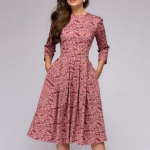 Naiste elegantne kleit Vintage tr&uuml;kkimisega peokleit, kolme neljandiku varrukatega naiste kevadkleit M roosa