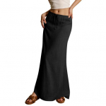 Women Maxi Skirt Mid-rise A-Line Drawstring Solid Color Long Skirt Easy to Match Lady Skirt Work Leisure Daily Wear M