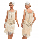 Naiste vintage Gatsby ballikleit &uuml;mmarguse kaelusega, varrukateta, litritega tikitud, traksidega, midi pikkusega S kuld