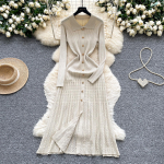 Prantsuse Retro Allap&ouml;&ouml;ratud Krae Pikkade Varrukatega Metallpandlaga Kleit Naiste S&uuml;giseks Salendava V&ouml;&ouml;kohaga Kudumist Pikad Kleidid One Size aprikoosi