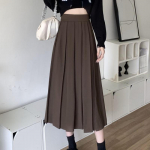HOUZHOU pikkade plisseeritud seelik naiste vintage Korea mood, soliidne k&otilde;rge v&ouml;&ouml;kohaga A-line Midi seelik Koolit&uuml;drukule Elegantne vabaaja s&uuml;gis S pruun