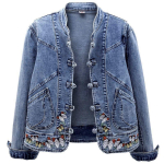 Naiste Retro Denim Jakk Elegantne Hiina Stiilis Denim Jakk Tikandiga Naistele Kitsa L&otilde;ikega Pikkade Varrukatega Jakk Klappkraega XXXL sinine