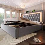 Polsterdatud Sametist Kahekohaline Voodi 140x200 cm LED Teemantribaga Peatsiini, USB ja Type-C Laadimisjaamaga, H&uuml;draulilise T&otilde;stukiga Panipaigaga, Hall (Ilma madratsita) 209 x 151 x 104 cm hall