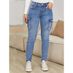 Naiste Keskmise V&ouml;&ouml;kohaga Cargo Jeans Skinny L&otilde;ikega Denim P&uuml;ksid Mitmetaskulised Kitsad Venivad Moodsad Denim P&uuml;ksid S tumesinine v&auml;rv