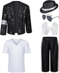 Michael Jacksoni Cosplay Meeste 80ndate Retro Litritega Tantsu-MJ Kost&uuml;&uuml;mid Esitusriietus M&uuml;tsi, P&auml;ikeseprillide ja Kinnastega Halloweeni jaoks M black