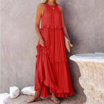 Suvine p&auml;itsetega O-kaelusega kookkleit Elegantne varrukateta valge pikk kleit Temperament &uuml;hev&auml;rviline avar volangidega peokleit naistele 26570 S mandariiniv&auml;rvi