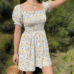 2022 Francais White Spot Flower P&auml;evalill suvi Lilleline seelik Roheline U-krae Lauareljeefne kleit S kollane